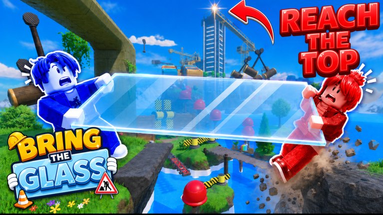 Blue and red Roblox avatars carrying a long glass pane across a broken construction bridge toward swinging hammers